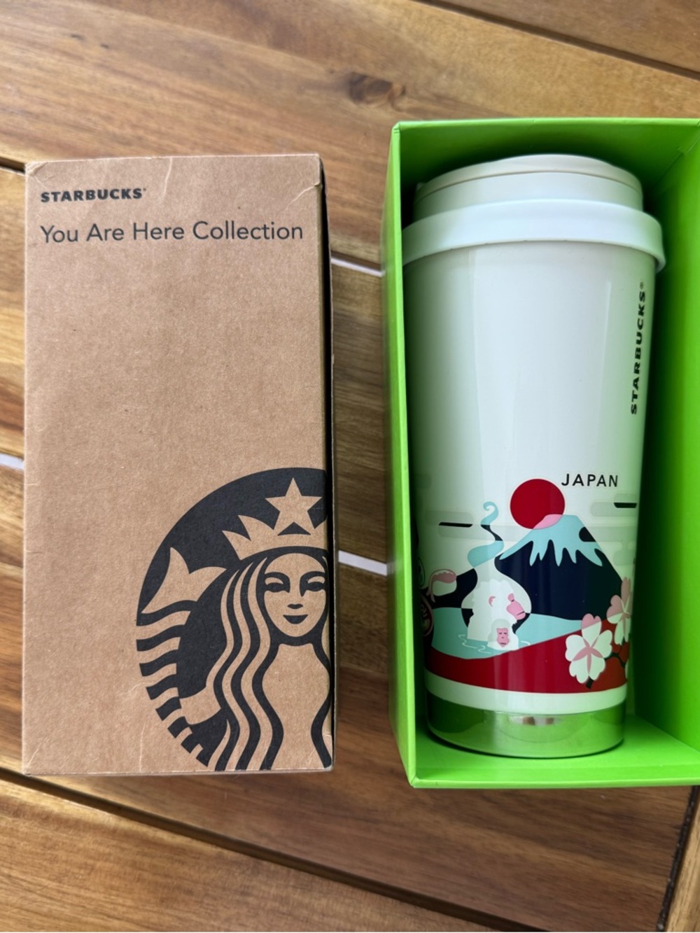Starbucks White Travel Tumbler with Red, Green & Pink Japan Motif